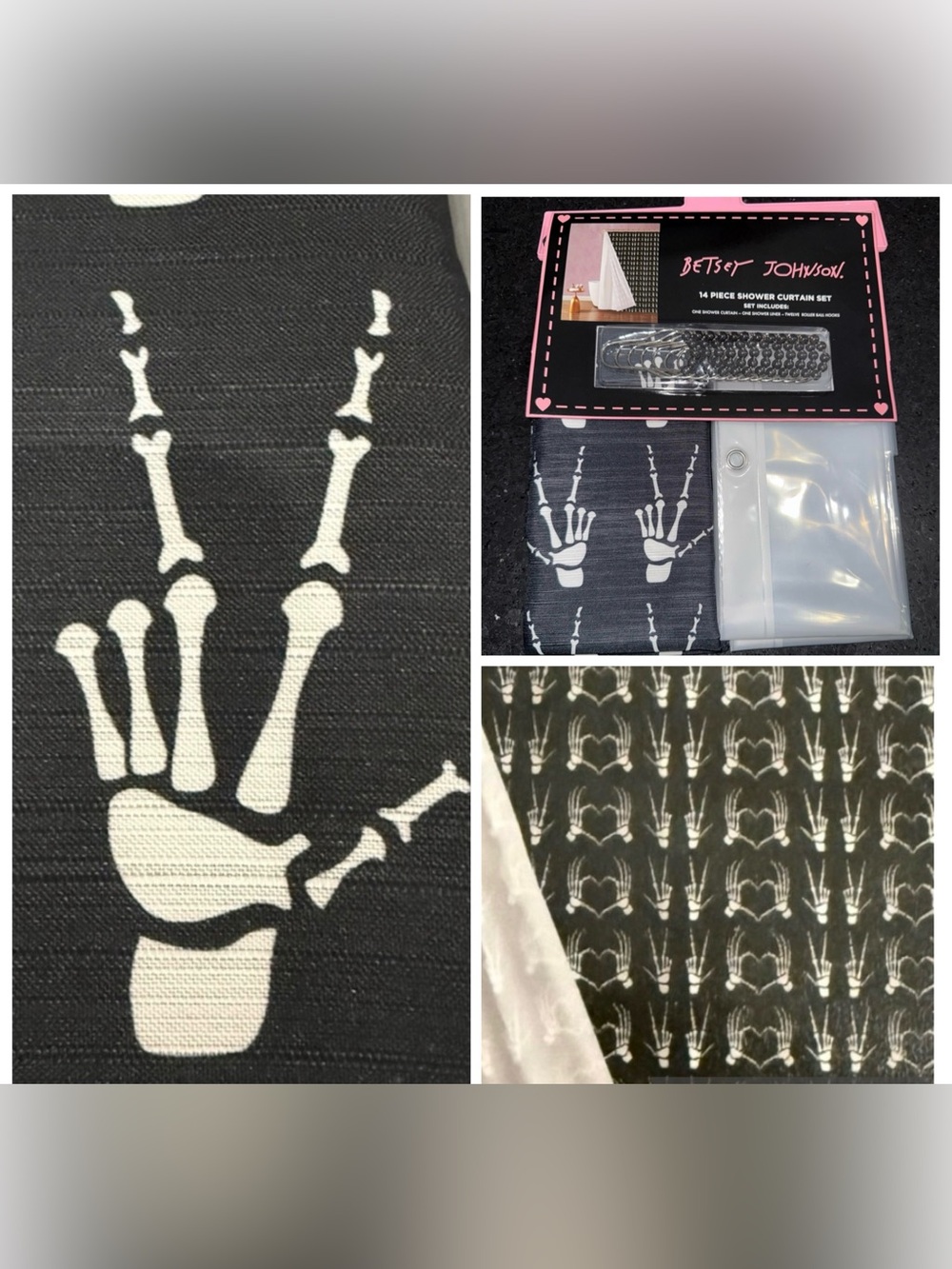 Betsey Johnson Black & White Peace & Heart Sign Skeleton Hands Patterned Shower